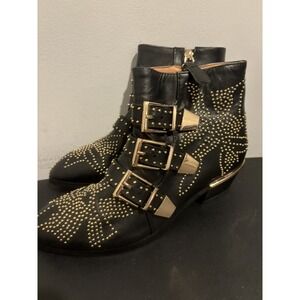 Bashafari Boots Leather Ankle Studded Cowboy Boots Metallic‎ Black Gold Size 8